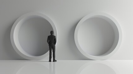 Obraz premium A businessman stands facing two circular structures embedded in a modern minimalist wall. The image evokes contemplation and the contrast between human scale and large abstract forms in a sterile