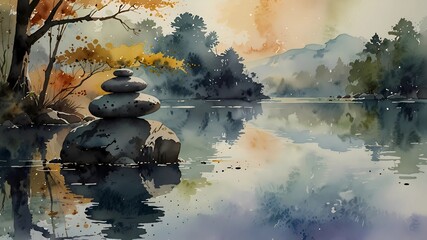 Tranquil Forest Oasis with Zen Stones and Reflections