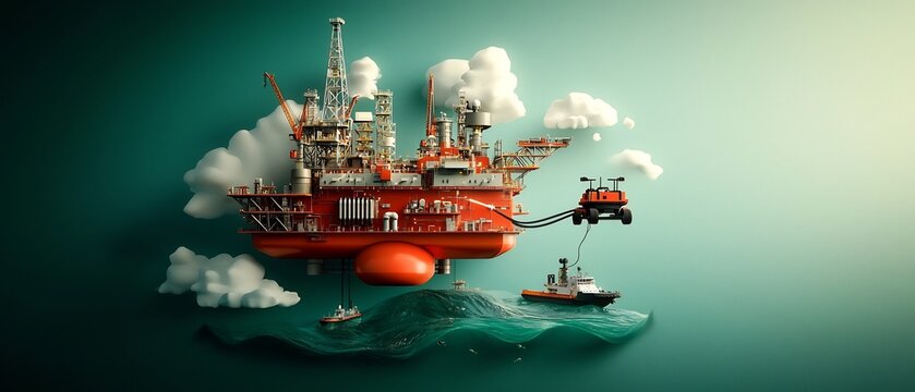 Expansive offshore oil and gas platform with a sprawling network of subsea pipelines and a construction vessel deploying a remote operated underwater vehicle ROV to inspect and maintain critical