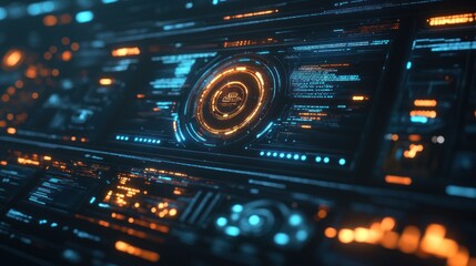 Obraz premium Futuristic digital interface with glowing blue and orange lines, circles, and text.
