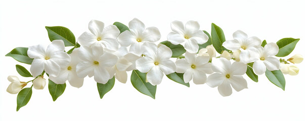 Fototapeta premium White Jasmine Blossom Garland, Delicate Floral Arrangement, Exquisite Botanical Illustration, Pure White Petals, Lush Green Foliage, Isolated Background.