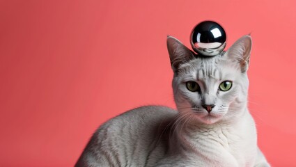 Charming Korat Cat Balancing Silver Ball on Its Head