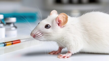Fototapeta premium Lab Rat Laboratory Vaccine Concept, White Laboratory Rat Under Soft Lighting in Scientific Environment