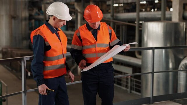 Design evaluation, Detail checking, Worker feedback. Technical drawings are being studied by engineer and worker in industrial setting.