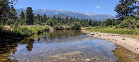 Obraz premium Serene lake reflections a tranquil scene of pine forests and majestic mountains