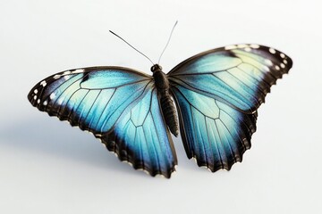 Obraz premium A blue and black butterfly sits on a white surface