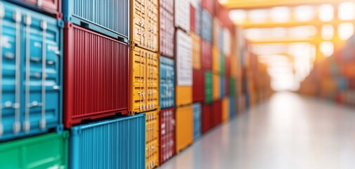 Fototapeta premium A vibrant array of shipping containers stacked in a warehouse, showcasing a colorful, organized logistics environment.