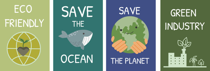 Eco-friendly initiatives: save the ocean, protect the planet, support green industry. Set of eco posters - flat design.