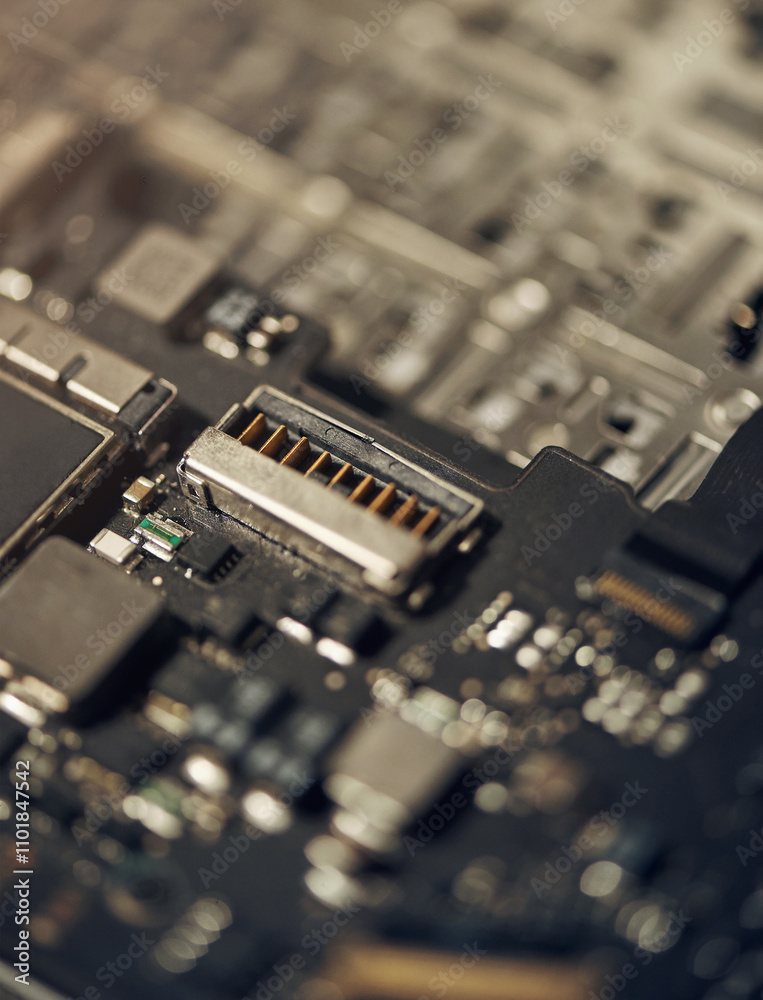 Poster Closeup, technology and computer hardware service, circuit parts or system maintenance in shop. Digital, motherboard macro and electronics to repair broken machine, it support or engineering upgrade