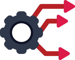 Cogwheel is generating three red arrows going up, illustrating a concept of business growth