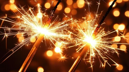 Obraz premium Close-up of two sparklers glowing brightly in a person's hand, with blurred fireworks behind.