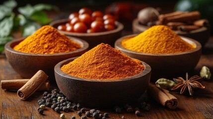 Here's a description and keywords for your image.. Aromatic turmeric, cinnamon, and peppercorns in wooden bowls.