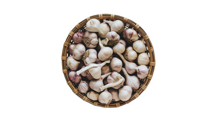 Obraz premium Garlic in basket top view isolated on transparent background.