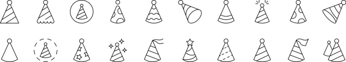 Party Hat Set of Thin Icons. Editable Stroke. Suitable for Web Sites, Books, Cards, Apps