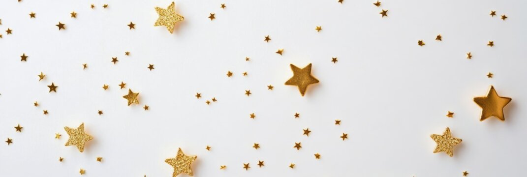 Decorative golden stars and glitter scattered on a white background for celebration