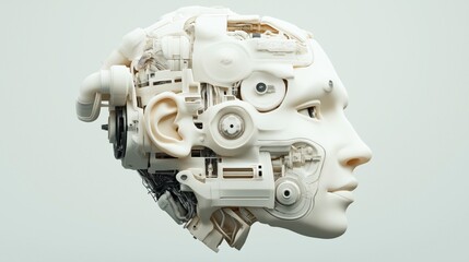 Fototapeta premium Close-up of a humanoid robot head with intricate mechanical and electronic components visible, showcasing advanced technology and artificial intelligence design.