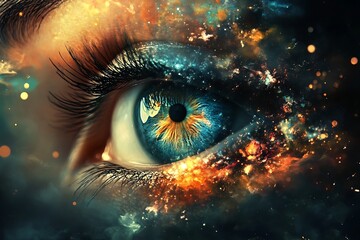 Close-up of a human eye with cosmic elements and stardust, symbolizing vision, imagination, and the vastness of the universe within.