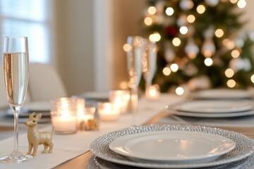 Fototapeta premium Elegant holiday table setting with sparkling decor and festive atmosphere