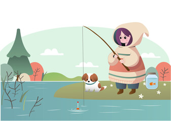 Funny illustration of a girl in a sweatshirt fishing with a dog, flat design vector illustration. To create postcards