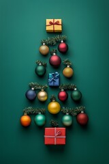 festive christmas tree created using colorful baubles and gift box, against a deep emerald background. 
