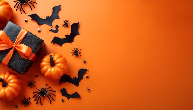  Colorful Halloween decorations feature pumpkins, bats, spiders, and a gift wrapped in ribbo_1(894)