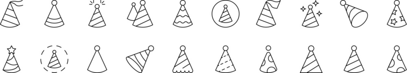 Party Hat Related Line Icons for Web Sites, Books, Cards, Apps. Editable Stroke. Suitable for Web Sites, Books, Cards, Apps