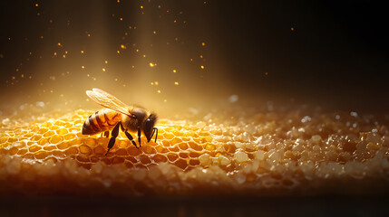 Fototapeta premium close up of bee on honeycomb, illuminated by warm light, creating magical atmosphere. scene captures beauty of nature and importance of bees in honey production