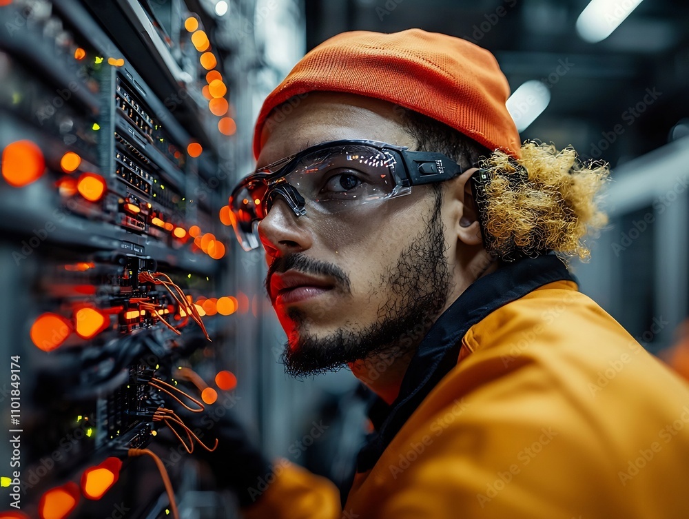 Poster offshore it technicians meticulously troubleshooting and repairing complex server racks and networki
