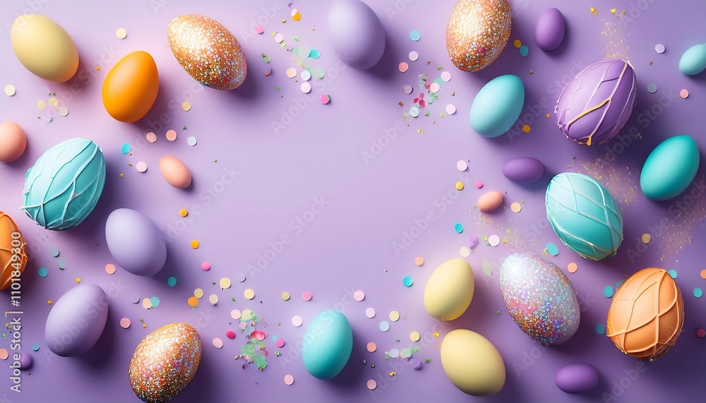 Poster colorful easter eggs and confetti on a light lilac background with empty space in the cente_1(883)
