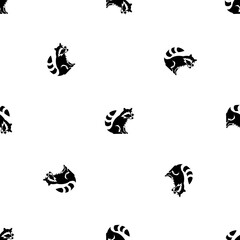 Seamless pattern of repeated black raccoon symbols. Elements are evenly spaced and some are rotated. Illustration on transparent background