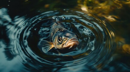 A fish emerges from the water, creating ripples on the surface.