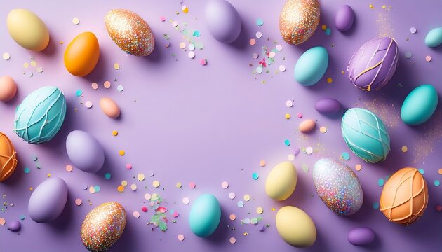  Colorful Easter eggs and confetti on a light lilac background with empty space in the cente_1(883)