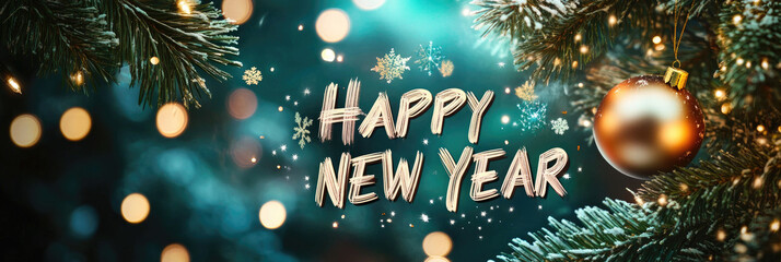 Festive Нарру New Year banner with decorated Christmas tree on green background with bokeh lights 