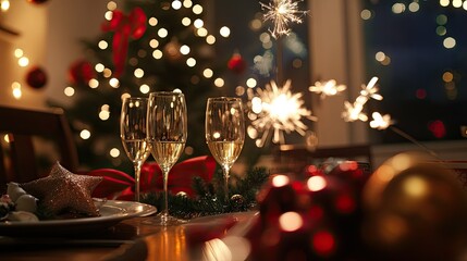 Sparklers being lit over a table filled with New Year's Eve decorations and champagne flutes.