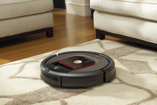 Robotic Vacuum Cleaner on Beige Carpet Between Couches