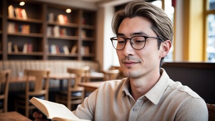 Obraz premium Thoughtful Reader in a Quiet Cafe Environment with European Influence