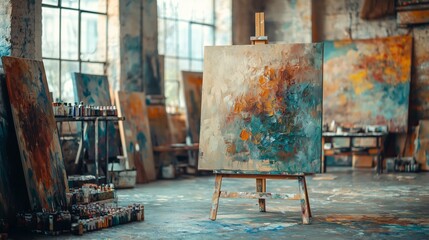 Vibrant Art Studio with Abstract Paintings and Art Supplies in an Inspiring Creative Space Full of Colorful Canvases and Artistic Tools