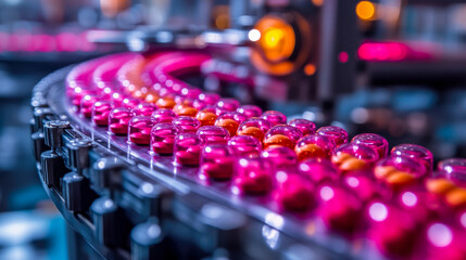 Fototapeta premium Image of a pill production line showcasing vibrant colors of pills and the intricate machinery involved in manufacturing