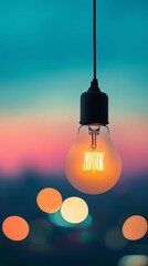 Bright light bulb hangs against a backdrop of soft bokeh lights during evening glow