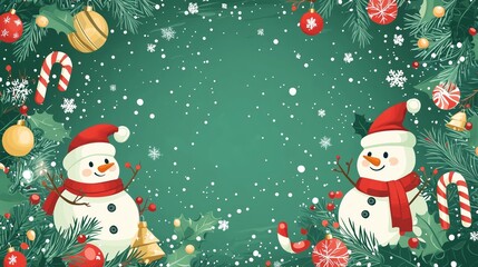 Festive Winter Wonderland Scene Featuring Cheerful Snowmen Surrounded by Christmas Decorations, Candy Canes, Ornaments, and Pine Branches for Holiday Cards and Graphics