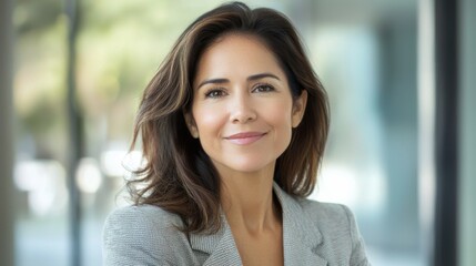Closeup headshot face portrait of beautiful successful hispanic young business woman looking confident at camera. Smiling latin or eastern middle age female ceo leader businesswoman standing in office