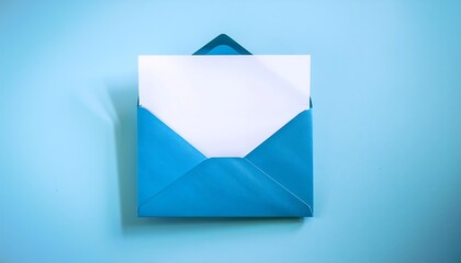  Blue envelope lies flat on pale blue table, containing a single sheet of paper in an otherw_1(840)