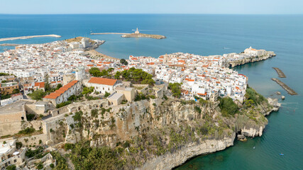 Aerial view of the castle and the old town of Vieste, in Puglia, Italy. It is a small town in the...