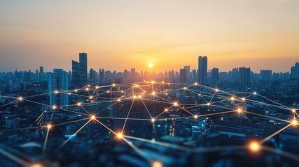 Fototapeta premium A city skyline bathed in vibrant sunset hues, with industrial structures and a futuristic digital overlay exuding energy and innovation