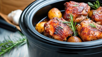 Three chicken fillets slow-cooked in herbs and garlic over roasted potatoes, garnished with sprigs of rosemary, create a flavorful dish