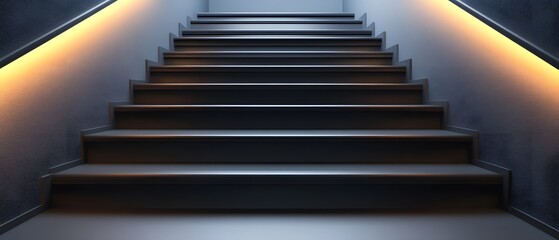 A modern staircase illuminated by soft lighting, leading upwards in a sleek environment.