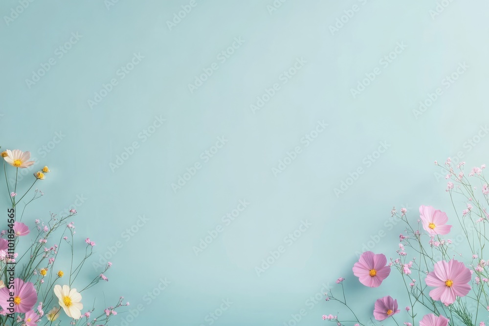 Wall mural Floral arrangement with purple and white flowers on blue background for decoration purposes