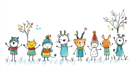 Fototapeta premium Cute Hand-Drawn Characters in Winter Hats and Scarves with Cheerful Expression for Children’s Artwork