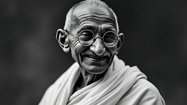 Black and white portrait of Mohatma Gandi with glasses. 