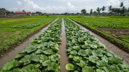 Obraz premium Lush green fields of water plants stretch under a cloudy sky, showcasing a vibrant agricultural landscape with rows of thriving vegetation.